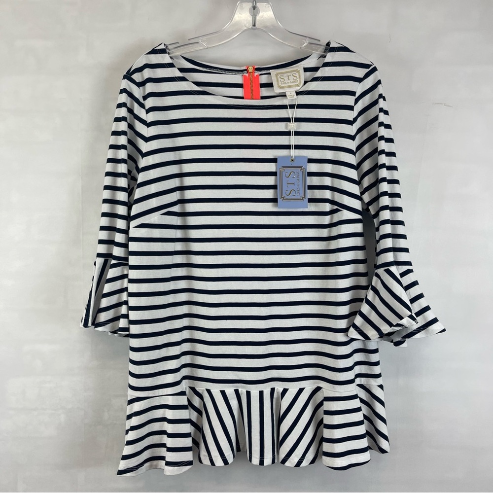 Sail to Sable Navy & White Stripe Ruffle-Hem Top Size L NWT
